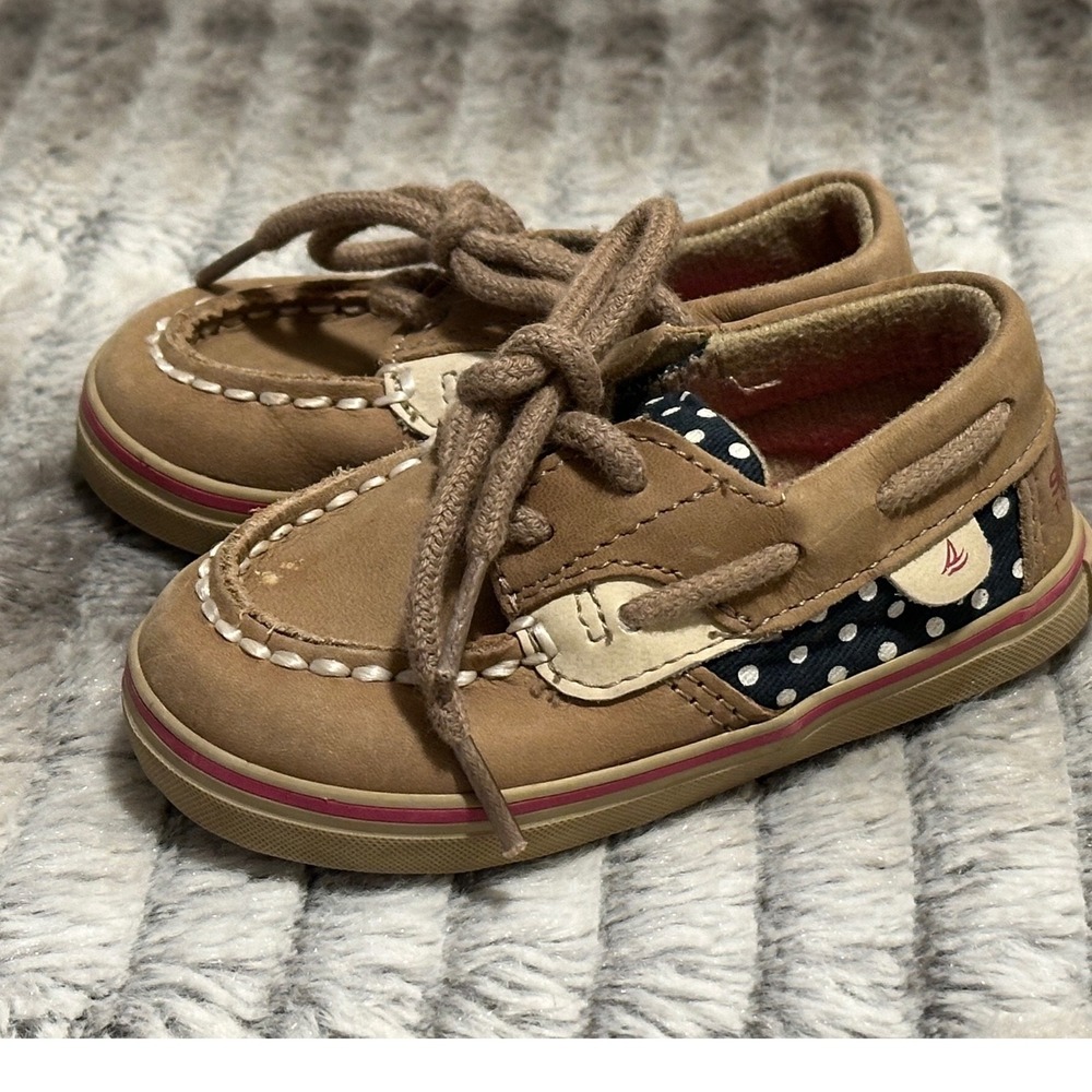 Sperry Top-Sider Bluefish Crib Infant Shoes Size 3M Brown Leather Polka Dot
